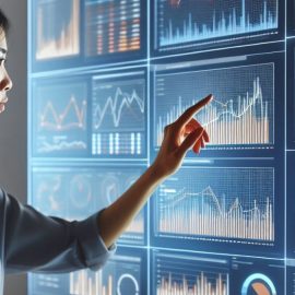 A woman pointing out the effects of statistics on a screen of charts and graphs.