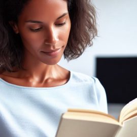 A woman reading a book in an office.