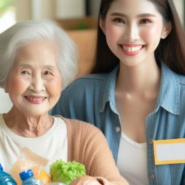 A young woman helping an older woman's moral well being by volunteering to help her grocery shop.