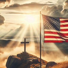 The sun beaming on the Christian cross and the American flag.