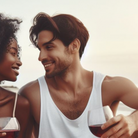 A couple having a romantic picnic on the beach.