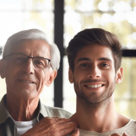 A father and adult son posing for a picture.