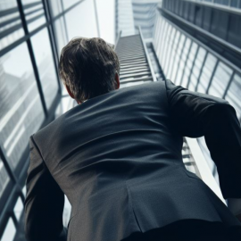 A heroic individual looking up at a skyline in the city.