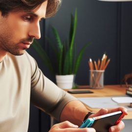 A man demonstrating the psychology of procrastination by playing a video at his work table.