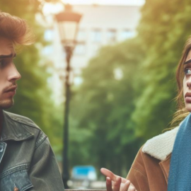 A woman and man having a tense discussion outside