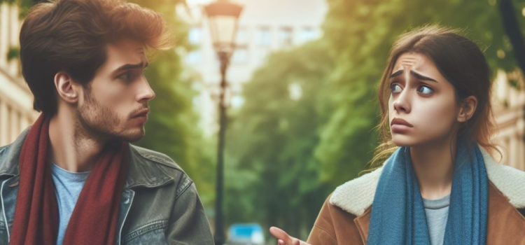 A woman and man having a tense discussion outside
