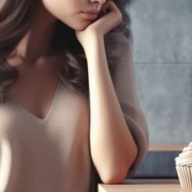 A woman looking at a cupcake on a table.