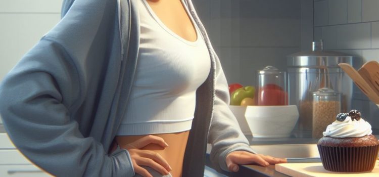 A woman contemplating the health benefits of intermittent fasting while standing in front of a cupcake.