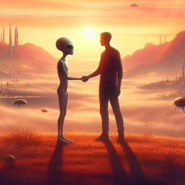 An alien and human shaking heads in a desert
