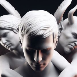 Statues of a man with angel and devil on each of his shoulders