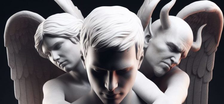 Nietzsche and Camus: No Such Thing as a “Good” Life Statues of a man with angel and devil on each of his shoulders