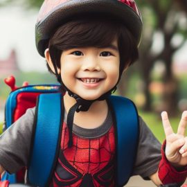 A young boy wearing a spider-man shirt while riding a bike and holding a peace sign.