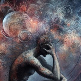 A person thinking with colors around them