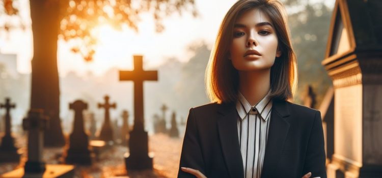 A confident woman standing in a cemetary