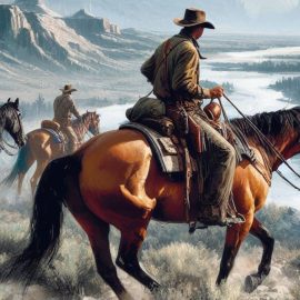 Cowboys riding horses on the frontier