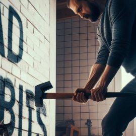A man destroying a wall that says Bad Habits