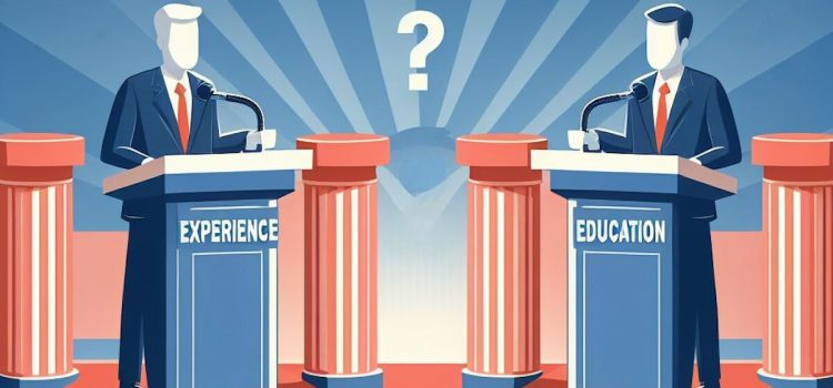 The Experience vs. Education Debate: Hire People, Not Diplomas Two cartoon men at podiums representing the experience vs. education debate.