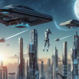 A futuristic world where there's spaceships and flying androids in a city.