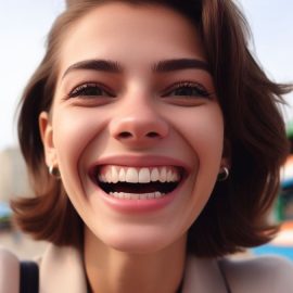 A happy, smiling woman at the beach and pier.