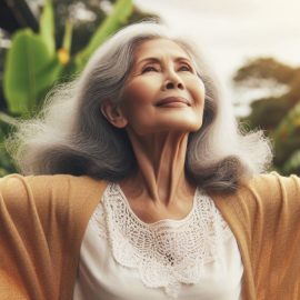 An older woman holding her arms out in happiness.