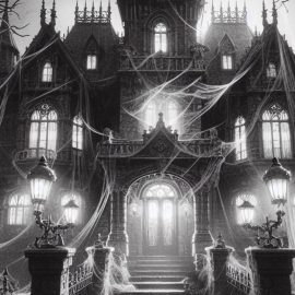 A black and white horror mansion with spider-webs
