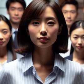 A female leader and her team of professional employees behind her