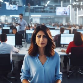 A female leader in front of an open office space full of workers