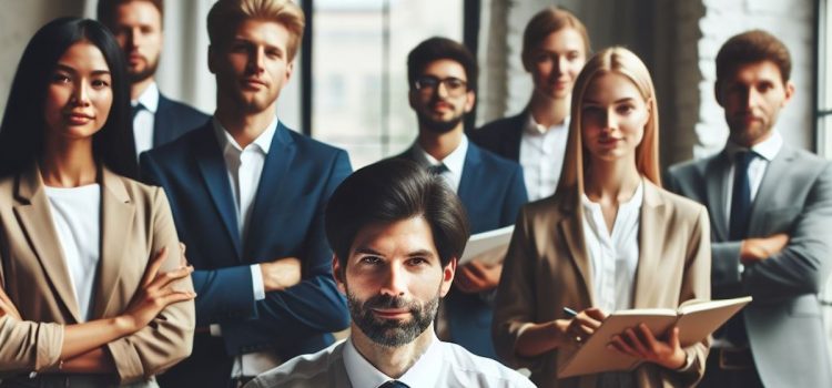 Moral Authority: 3 Ways Leaders Can Earn It (John C. Maxwell) A business leader with a team of professional looking people behind him.