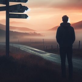 A man at a crossroads sign outside