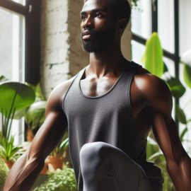A man practicing how to be grounded by doing yoga surrounded by plants.