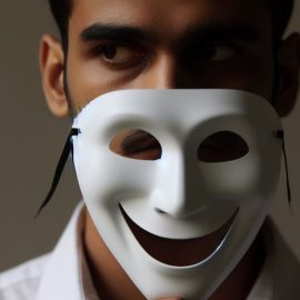 A man with a stoic face holding a white mask with a smile.