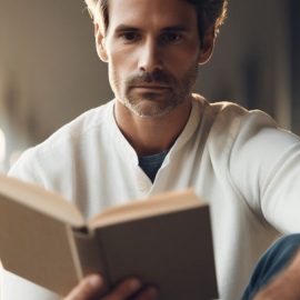 A man reading a book while sitting outside under a roof.