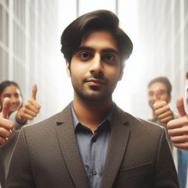 A satisfied man seeking validation as other people give him a thumbs up around him.