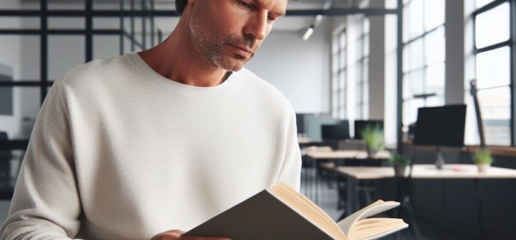 Rory Sutherland Quotes From Alchemy (+ Context) A middle aged man with a five o clock reading a book in an office