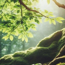 A mossy tree with green leaves