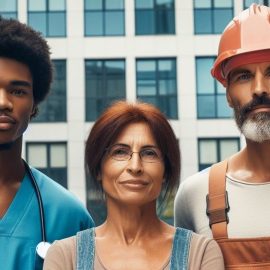 Nurses and a construction worker outside representing the 2024 job market.
