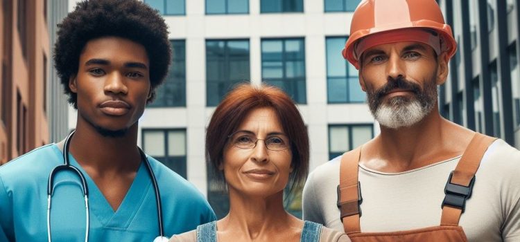 2024 Job Market Predictions—Which Markets Will Thrive? Nurses and a construction worker outside representing the 2024 job market.