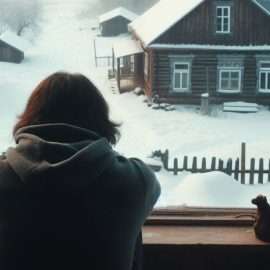 A person thinking about unfairness in life as they look out the window to a snowy neighborhood.