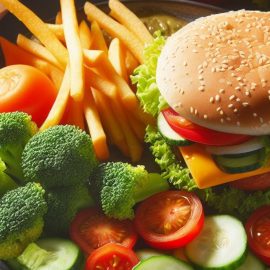 A burger, fries, and vegetables on a plate
