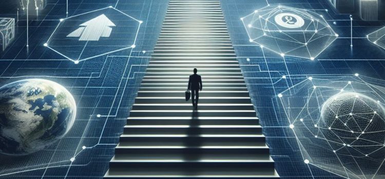 How to Embrace AI & Hone Your Human Skills at Work A professional businessman climbing giant stairs.