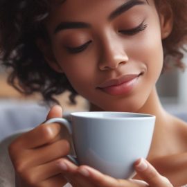 A serene woman holding a mug as part of a fasting diet for women.
