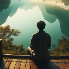 A man accepting reality and being happy as he sits on a bridge overlooking an Asian scenery.