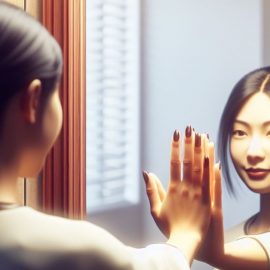A woman holding the mirror as she looks in the reflection