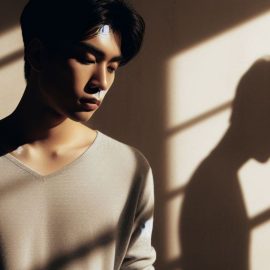 A man standing in front of his shadow on the wall.