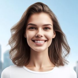 A happy woman standing in front of tall buildings.