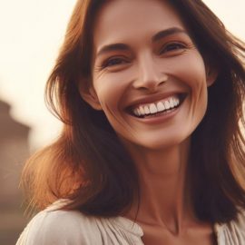 A smiling, happy woman standing in front of architecture