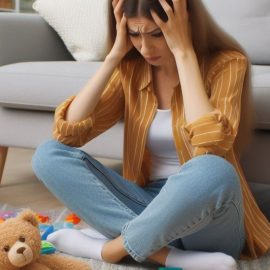 A stressed woman sitting on the ground of a messy house.