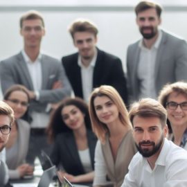 A team of people working together in professional attire.