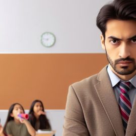 An upset teacher trying to manage student behavior in the classroom.