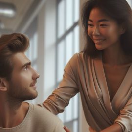 A woman showing care for a man at work in front of a window.